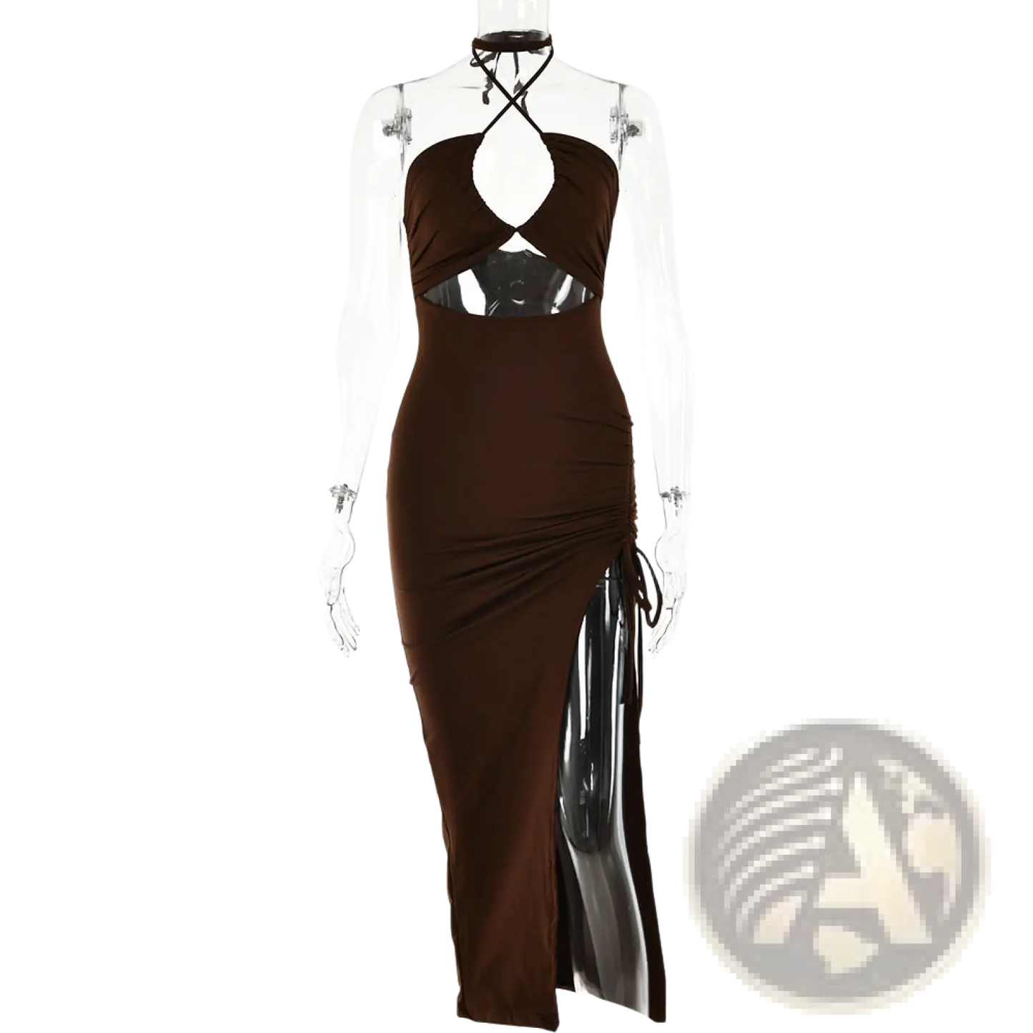 Ruched Halterneck Satin Split Maxi Dress