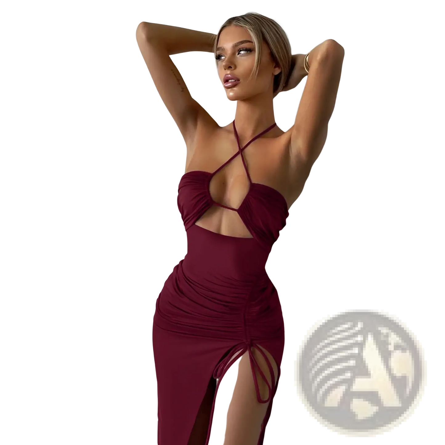 Ruched Halterneck Satin Split Maxi Dress