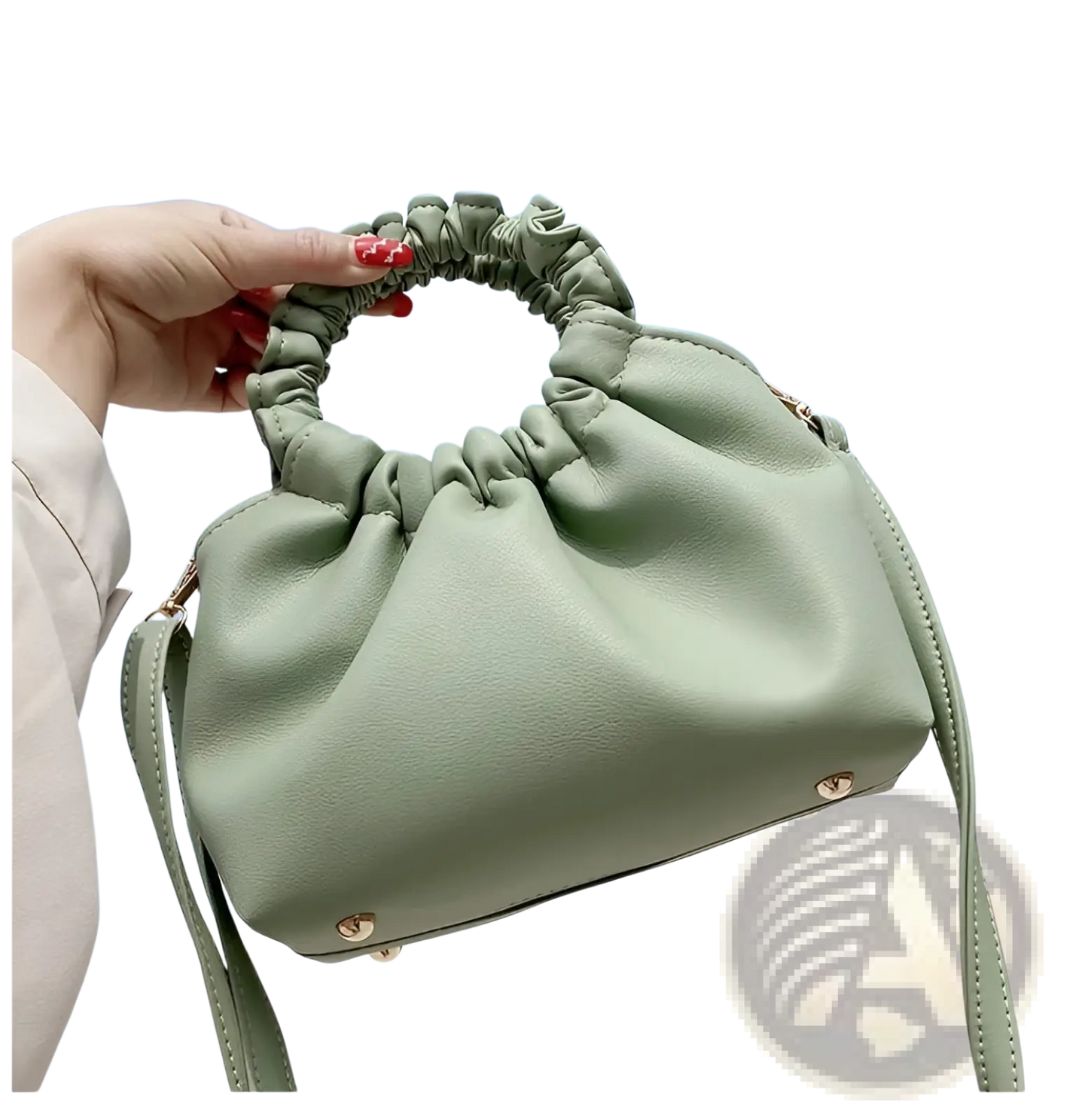 Ruched Leather Bucket Bag with Adjustable Strap