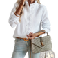 Ruffle Trim Textured Long Sleeve Button Up Blouse