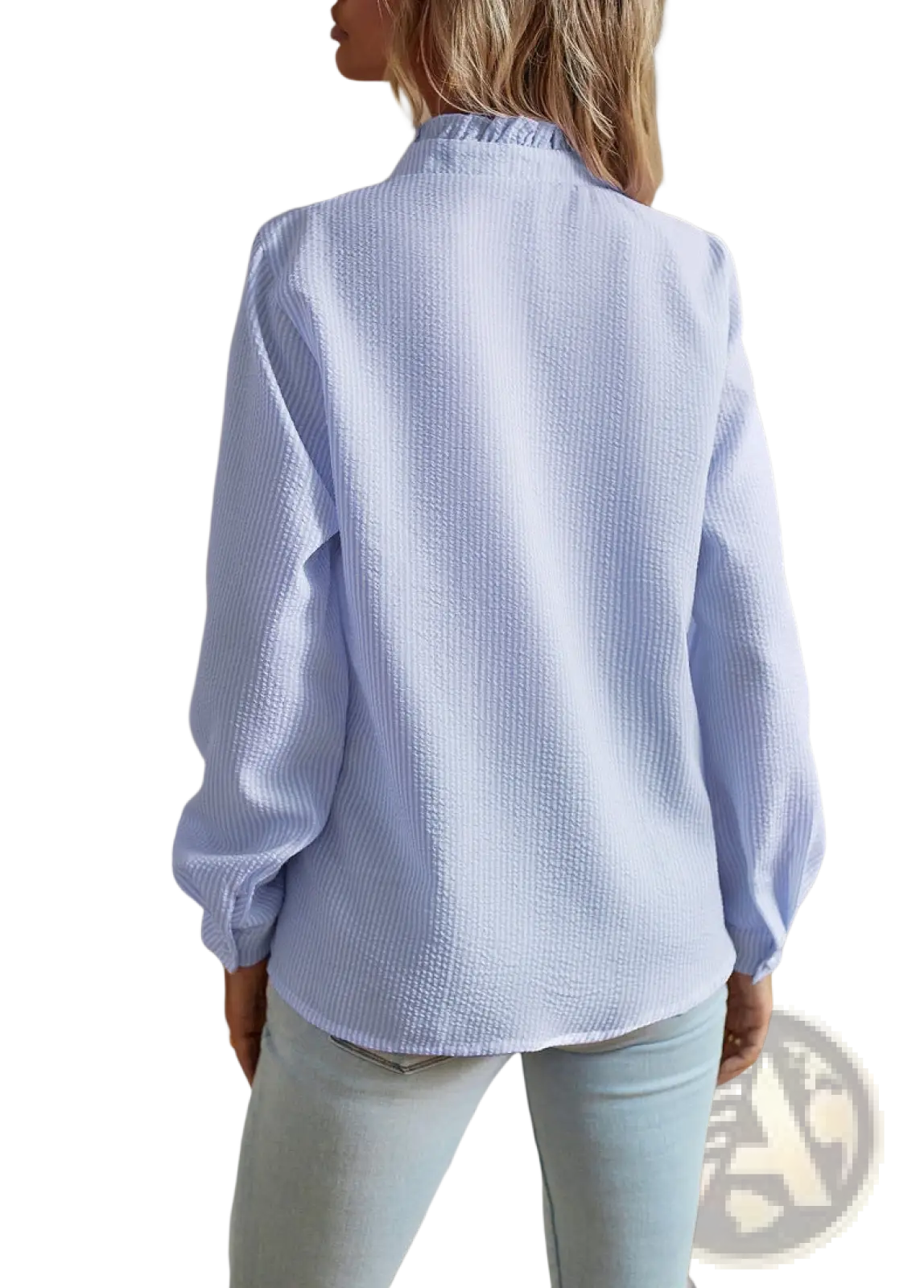 Ruffle Trim Textured Long Sleeve Button Up Blouse