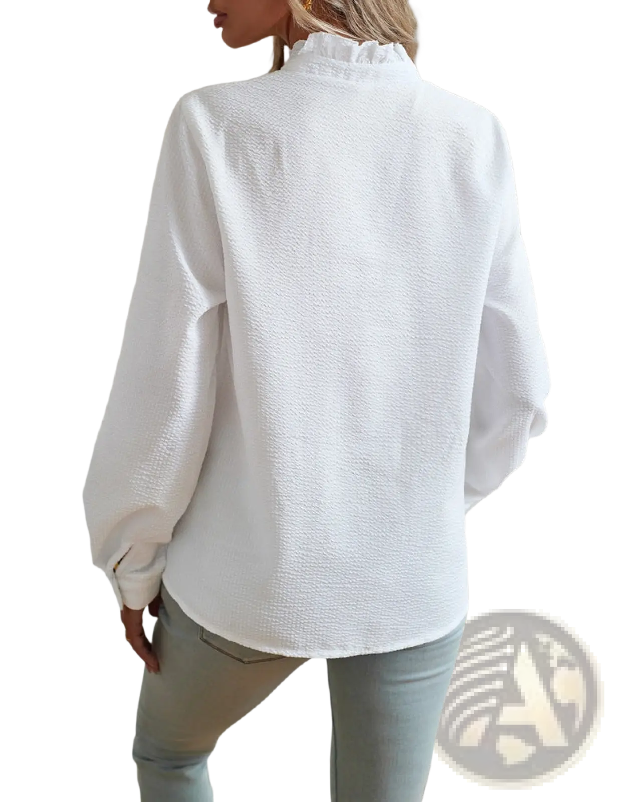 Ruffle Trim Textured Long Sleeve Button Up Blouse