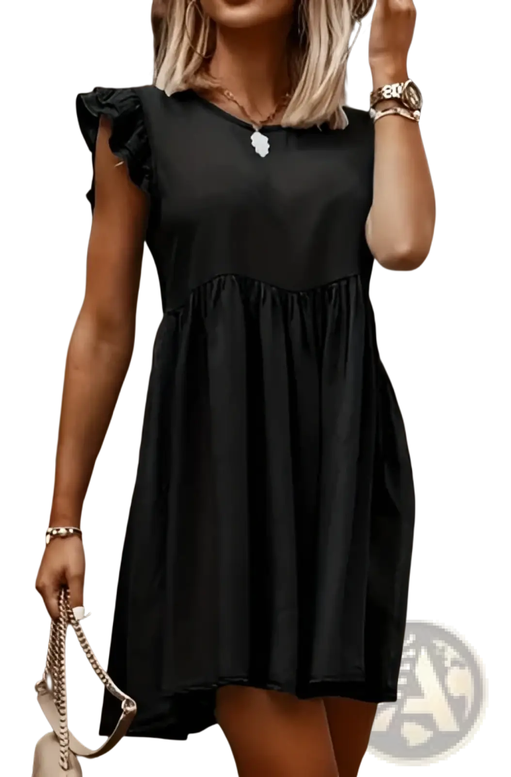 Ruffled Denim Sleeveless Dress with Gathered Waist