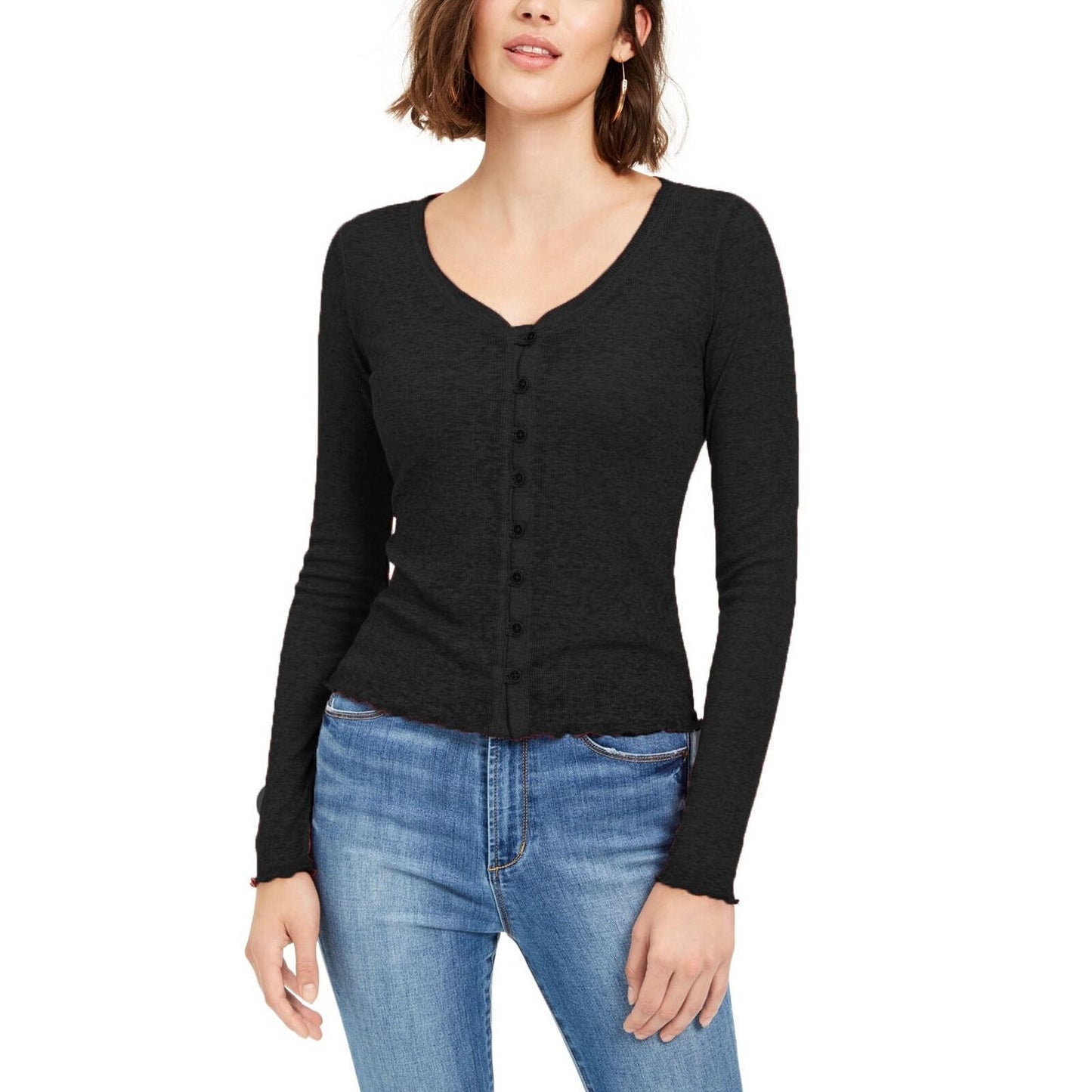 Almost Famous Crave Fame Juniors' V-Neck Button-Front Shirt Black Size Large