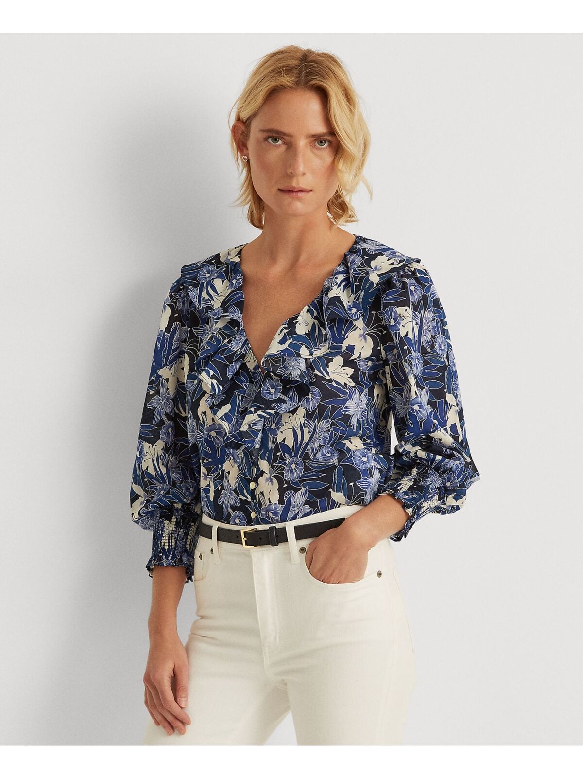 Ralph Lauren Women's Ruffled Smocked Relaxed Fit Curved Hem Floral Long Sleeve V Neck Wear To Work Button Up Top Blue Size X-Large