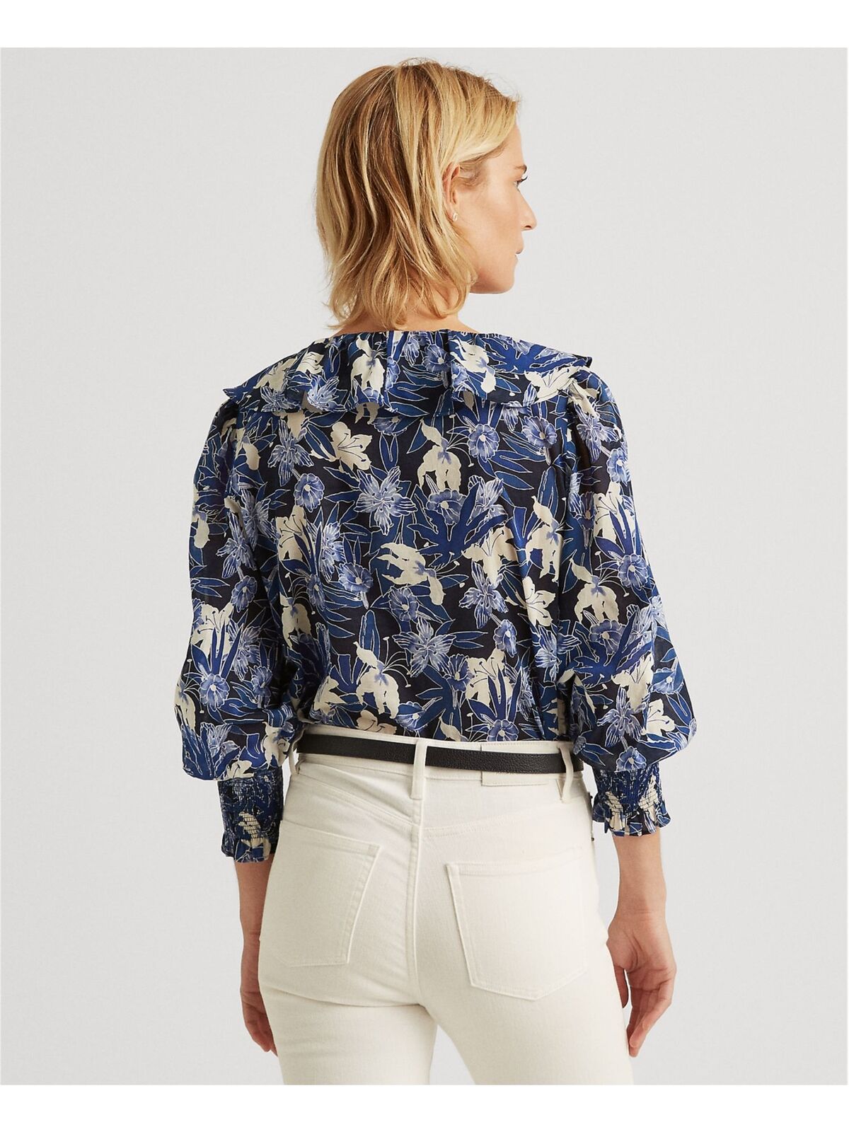 Ralph Lauren Women's Ruffled Smocked Relaxed Fit Curved Hem Floral Long Sleeve V Neck Wear To Work Button Up Top Blue Size X-Large