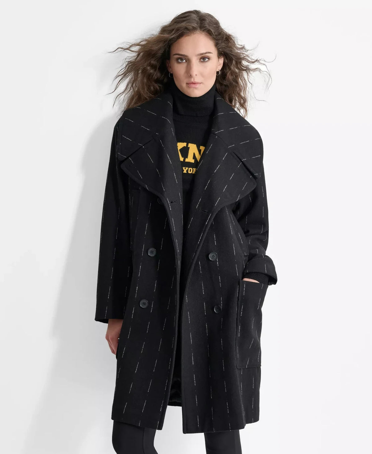 DKNY Broken Stripe Long Sleeve Oversized Coat Womens XSS Black Wool Blend