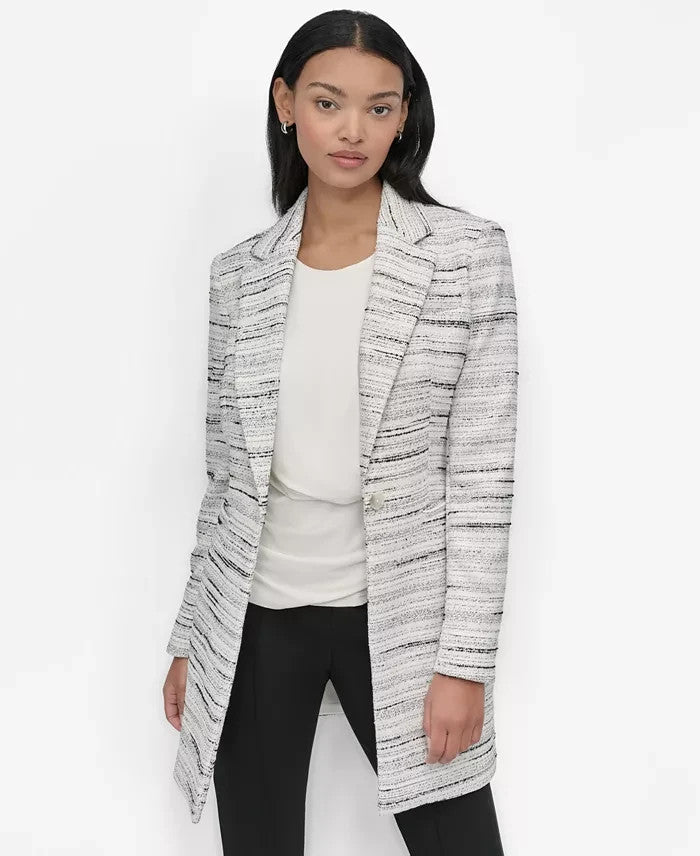 DKNY Women's Tweed Notch Collar One Button Long Blazer Ivory Black Long Sleeve