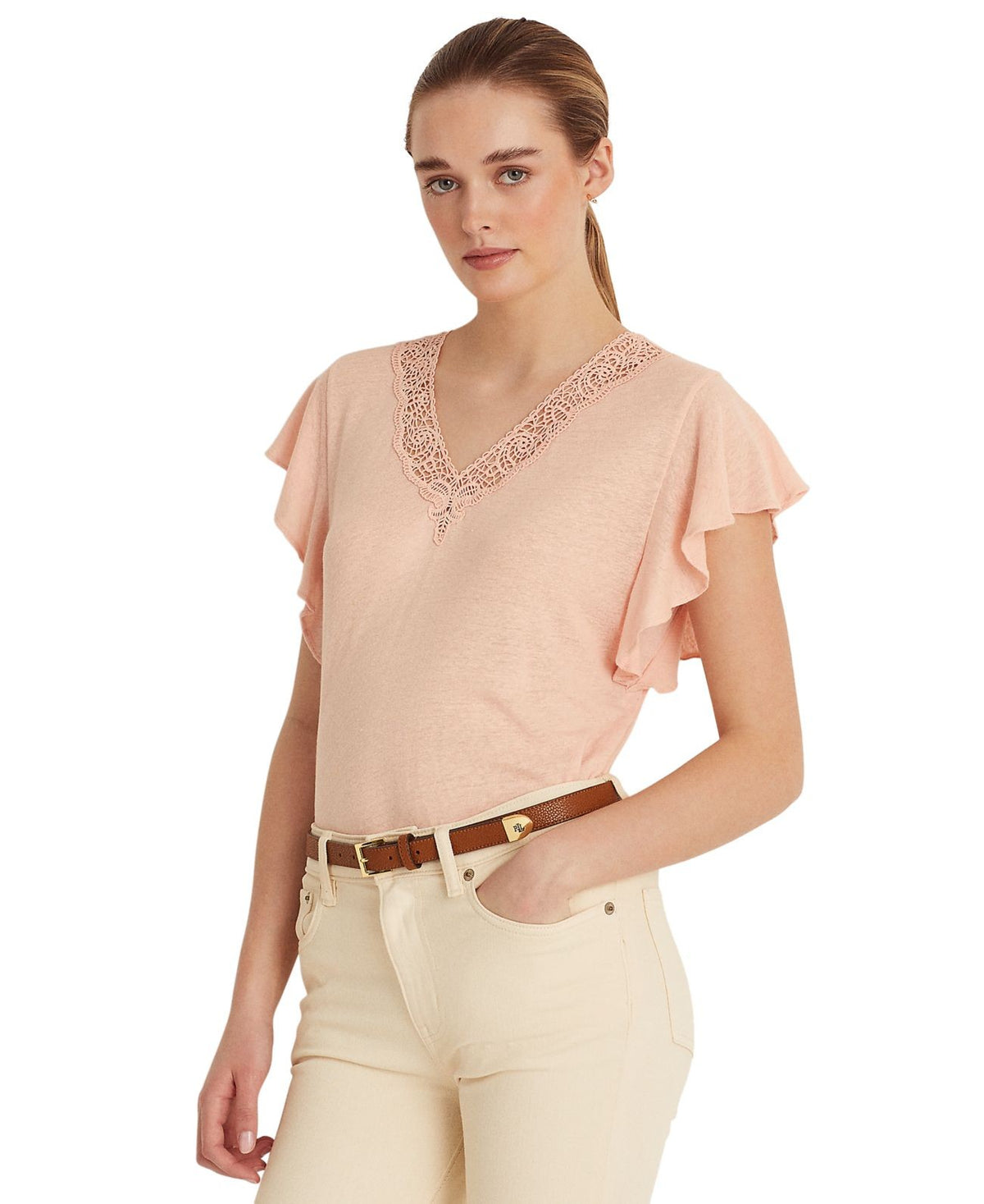 Linen-blend Jersey Flutter-sleeve T-shirt In Pale Pink, Medium