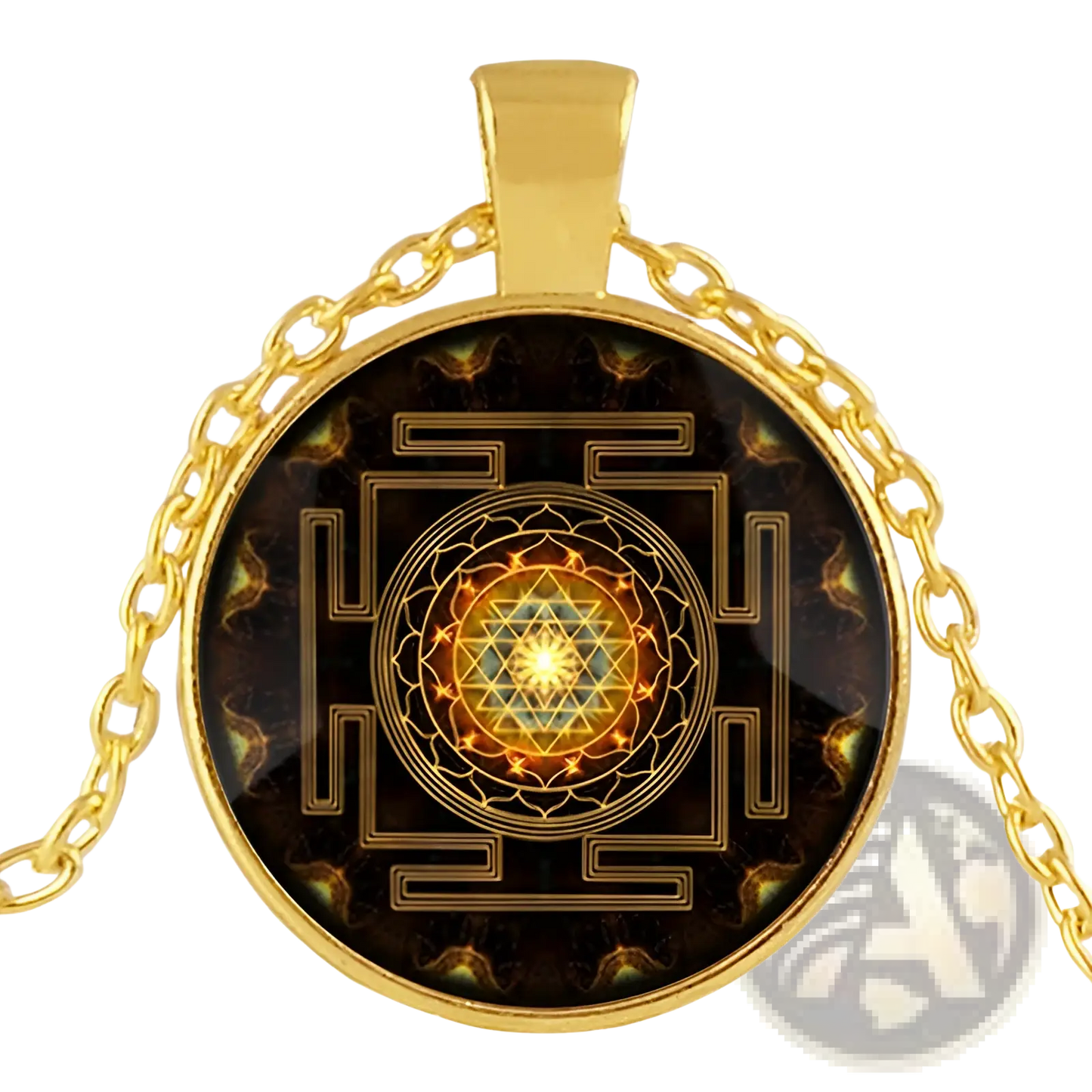Sacred Sri Yantra Glass Cabochon Pendant Necklace