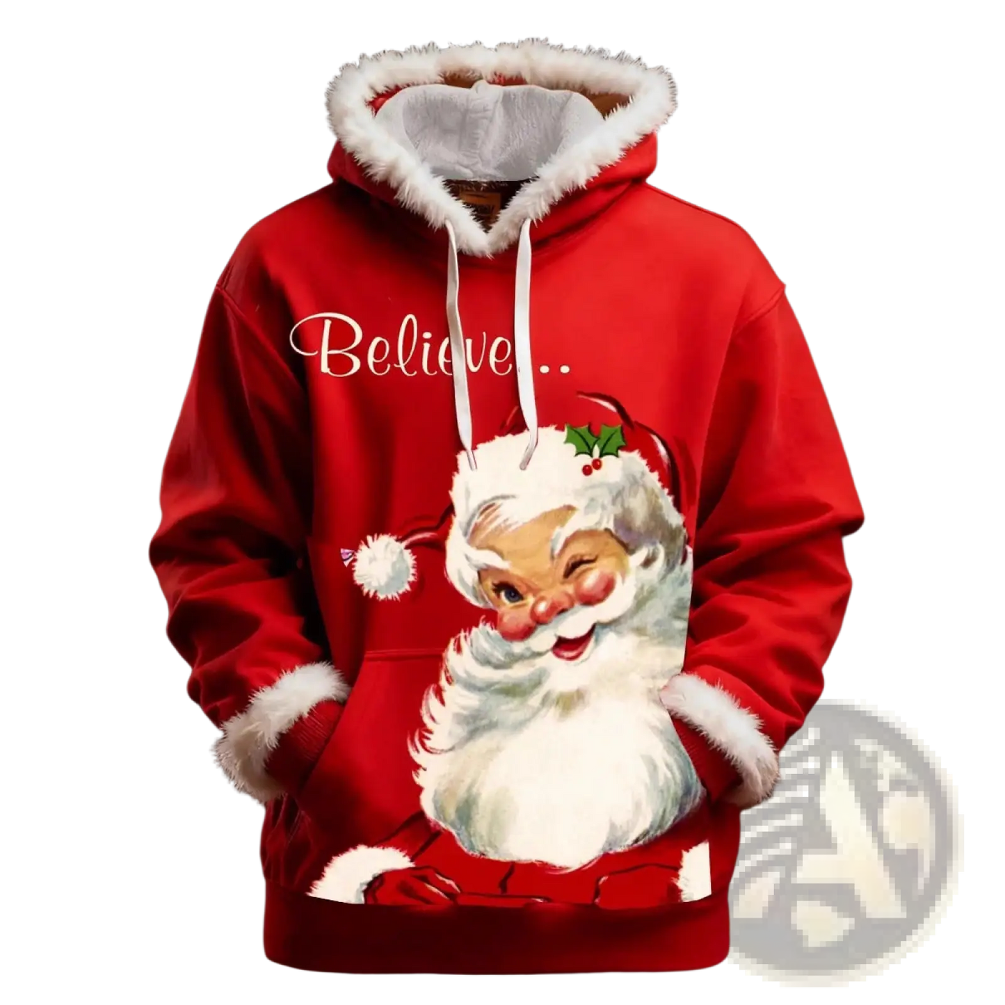 Santa Holiday Faux Fur Trim Christmas Hoodie with Pockets
