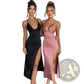 Satin Deep v Neck Backless Midi Dress with Side Slit