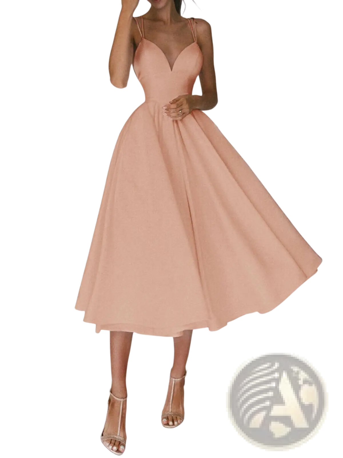 Satin v Neck Spaghetti Strap a Line Midi Dress