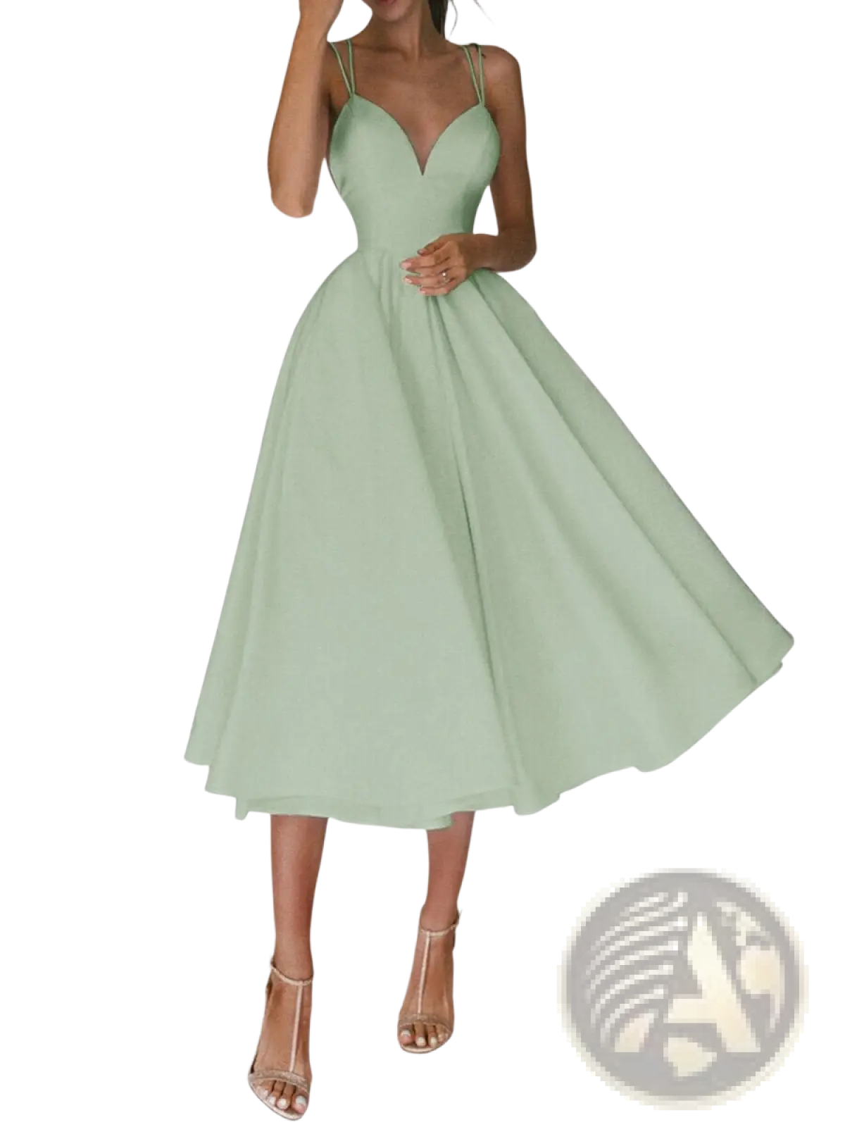 Satin v Neck Spaghetti Strap a Line Midi Dress