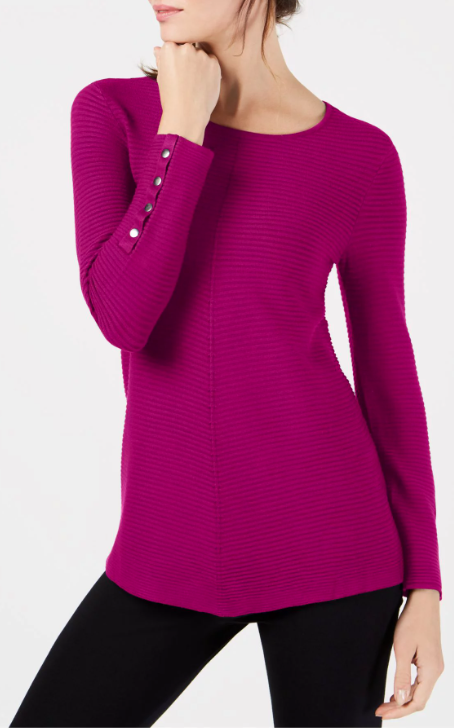 Alfani Women's Ribbed Snap-Detail Sweater Pink Size X-Large