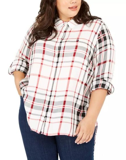 Tommy Hilfiger Women's Plus Size Plaid Button-Front Roll-Tab-Sleeve Top White Size 1X