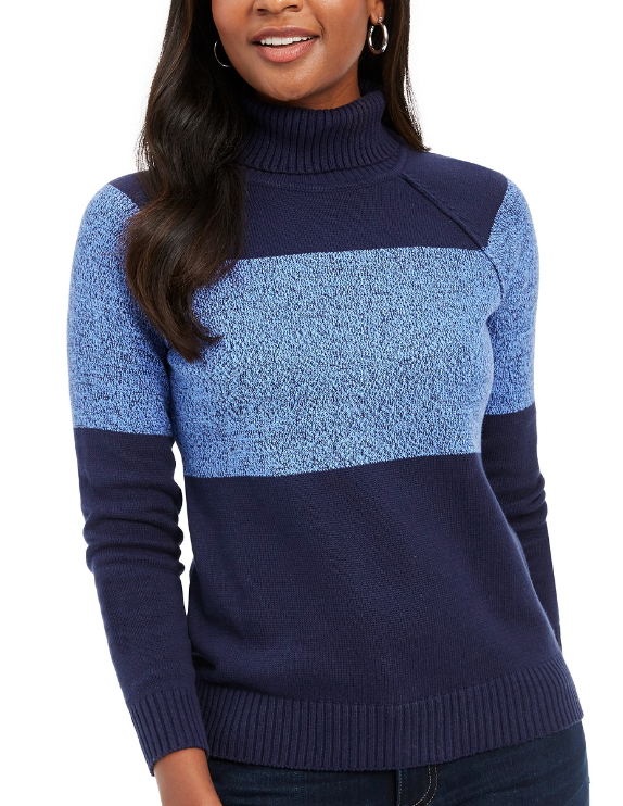 Karen Scott Women's Colorblocked Cotton Turtleneck Sweater Blue Size Medium