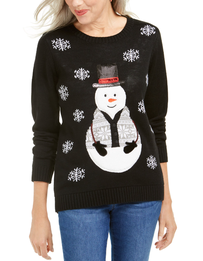 Karen Scott Women's Sequined Snowman Holiday Sweater Black Size Extra Large