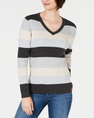 Karen Scott Women's Colorblocked V-Neck Cotton Sweater Gray Size Large