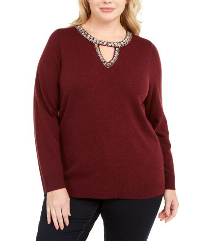 INC International Concepts Women's Embellished Keyhole Sweater Wine Size Large