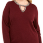 INC International Concepts Women's Embellished Keyhole Sweater Wine Size Large