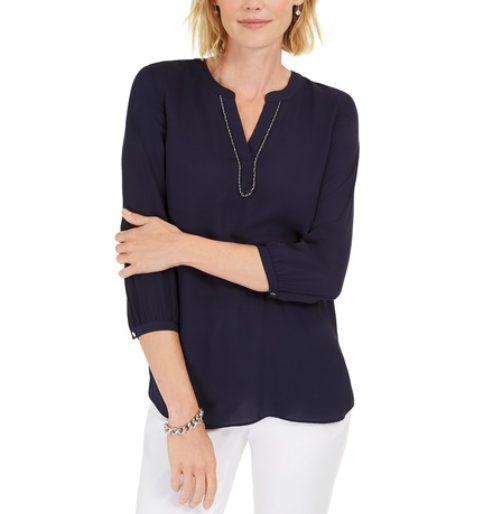 JM Collection Women's Split-Neck Tunic Blue Size Large