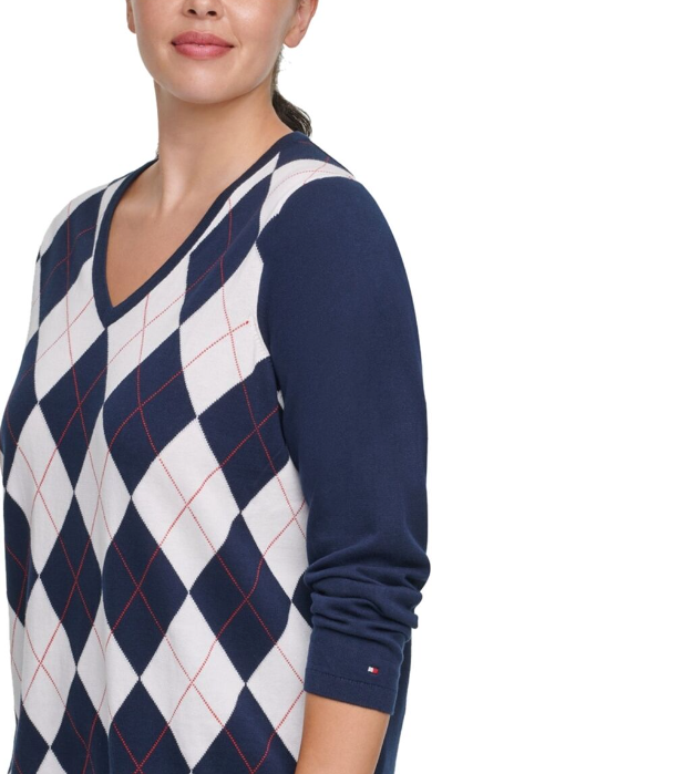 Tommy Hilfiger Women's Plus Ivy Cotton Argyle Sweater Blue Size 3 Extra Large