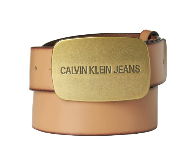 Calvin Klein Jeans Men's Plaque Buckle Leather Belt Tan Brown Size 36