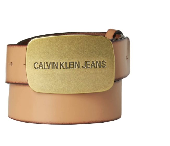 Calvin Klein Jeans Men's Plaque Buckle Leather Belt Tan Brown Size 36