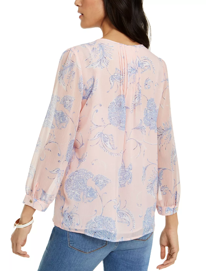 Tommy Hilfiger Women's Floral Print Pintucked Blouse Pink Size Medium