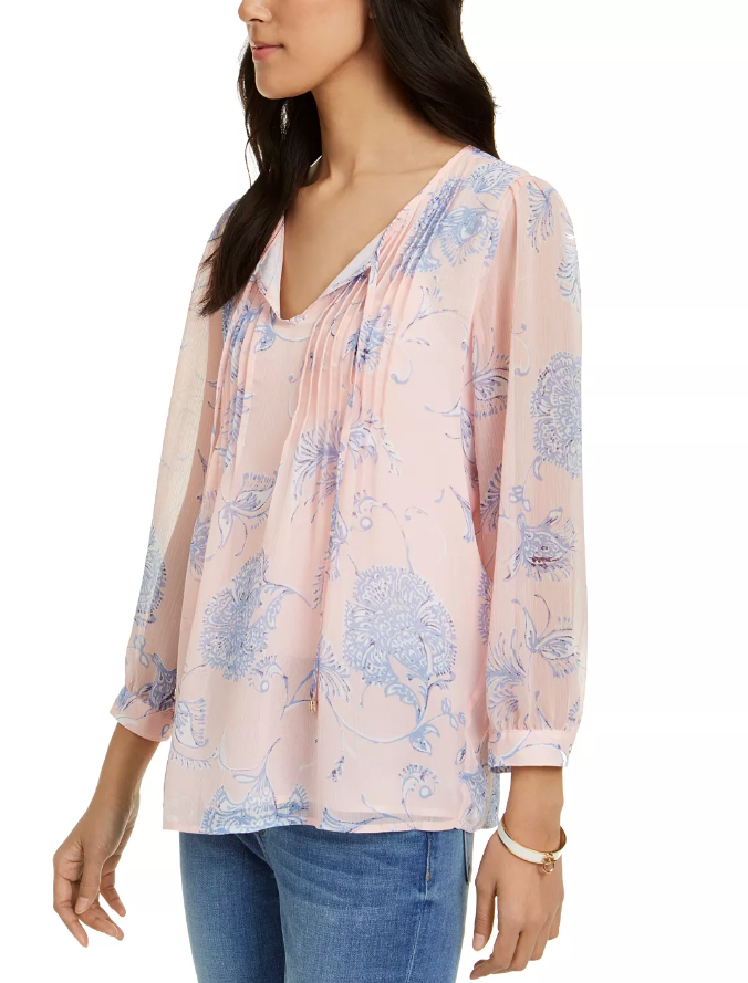 Tommy Hilfiger Women's Floral Print Pintucked Blouse Pink Size Medium
