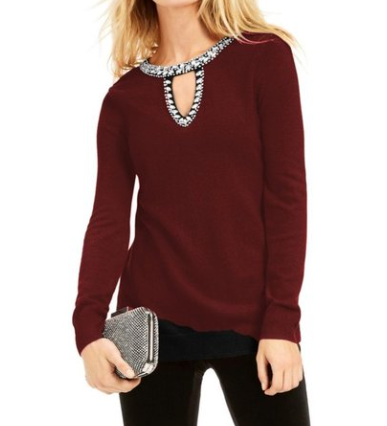 INC International Concepts Women's Embellished Keyhole Sweater Wine Size Small