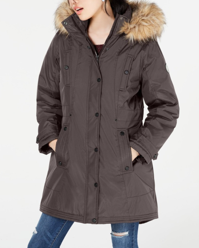 Madden Girl Junior's Hooded Faux Fur Trim Parka Gray Size Medium