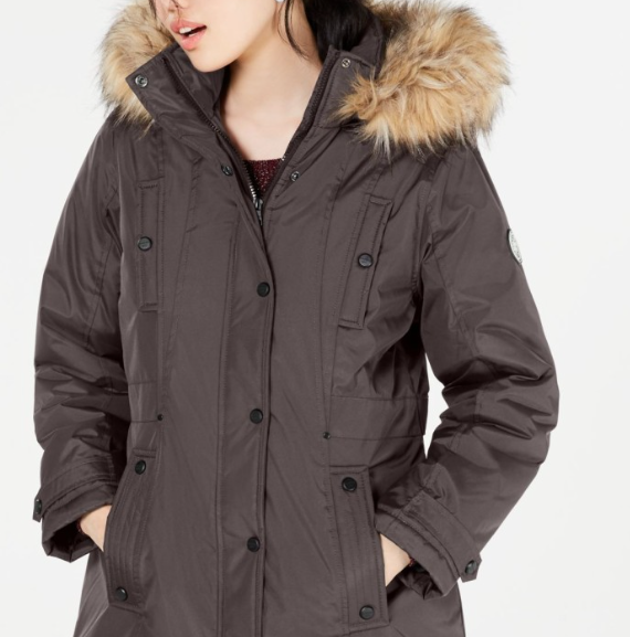 Madden Girl Junior's Hooded Faux Fur Trim Parka Gray Size Medium