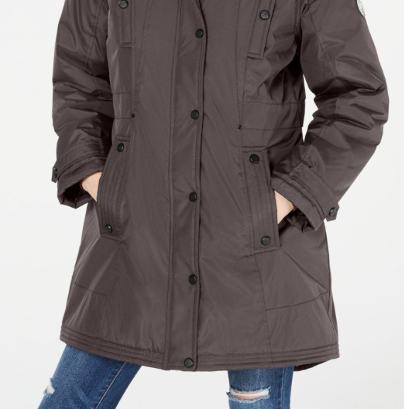 Madden Girl Junior's Hooded Faux Fur Trim Parka Gray Size Medium