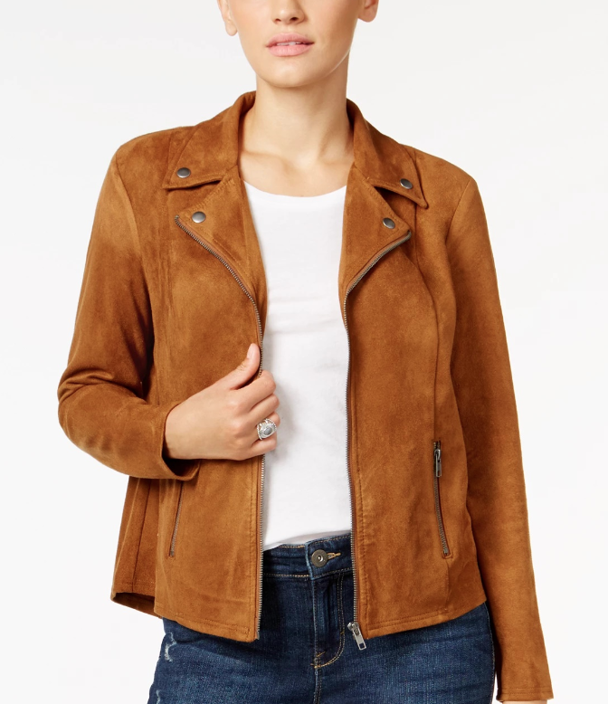 Style & Co Women's Faux-Suede Moto Jacket Brown Size X-Large