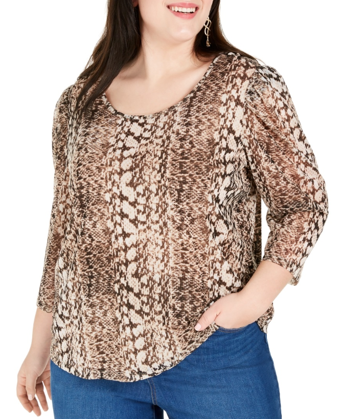INC International Concepts Women's Plus Size Printed 3/4-Sleeve Top Brown Size 0X