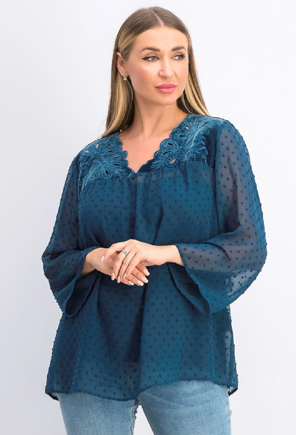 Style & Co Women's Mixed-Media Sheer-Sleeve Blouse Green Size Large