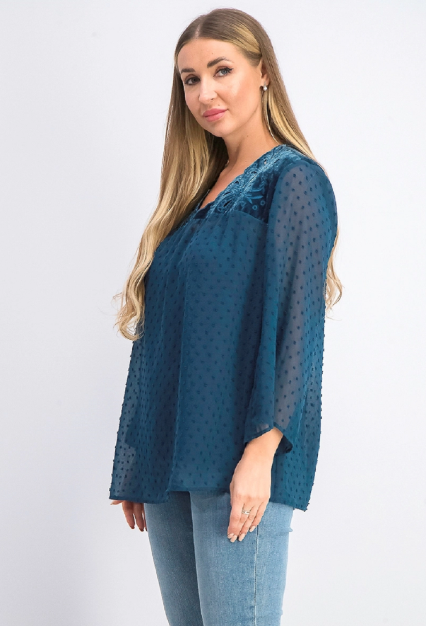 Style & Co Women's Mixed-Media Sheer-Sleeve Blouse Green Size Large
