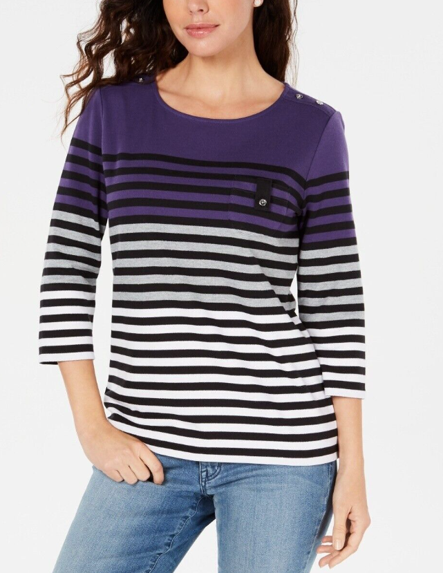 Karen Scott Women's Striped Colorblocked Top Purple Size Petite Medium