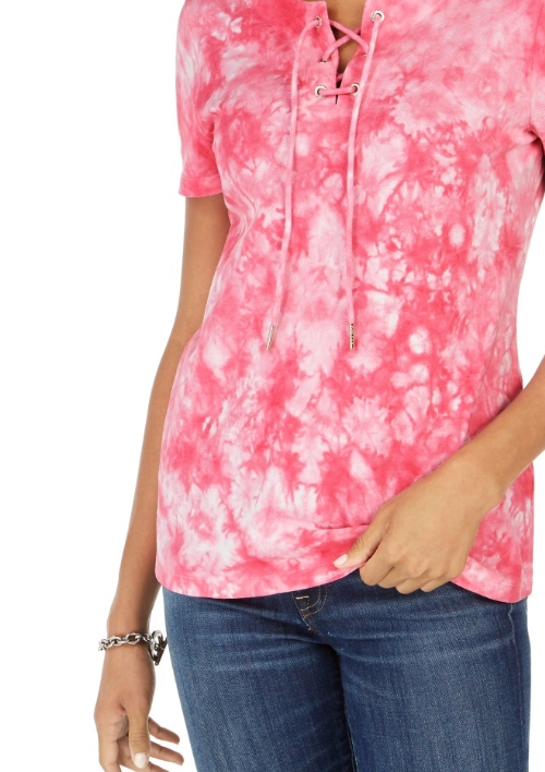 Tommy Hilfiger Women's Cotton Lace-Up Tie-Dyed T-Shirt Pink Size X-Large