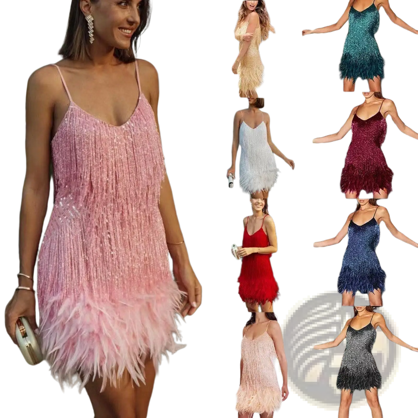 Sequin Feather Tassel v Neck Party Mini Dress