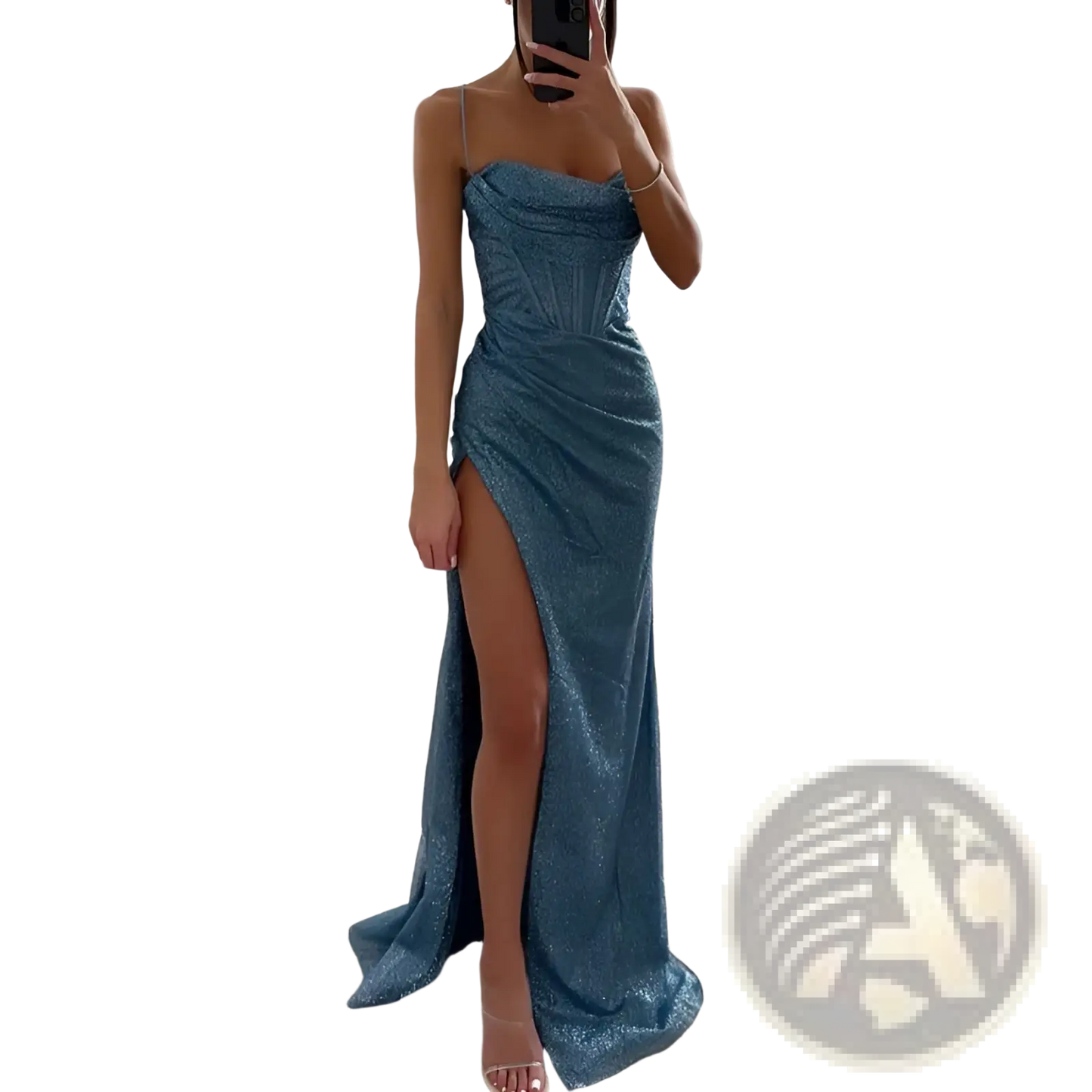 Sequined v Neck High Slit Evening Gown
