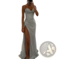 Sequined v Neck High Slit Evening Gown