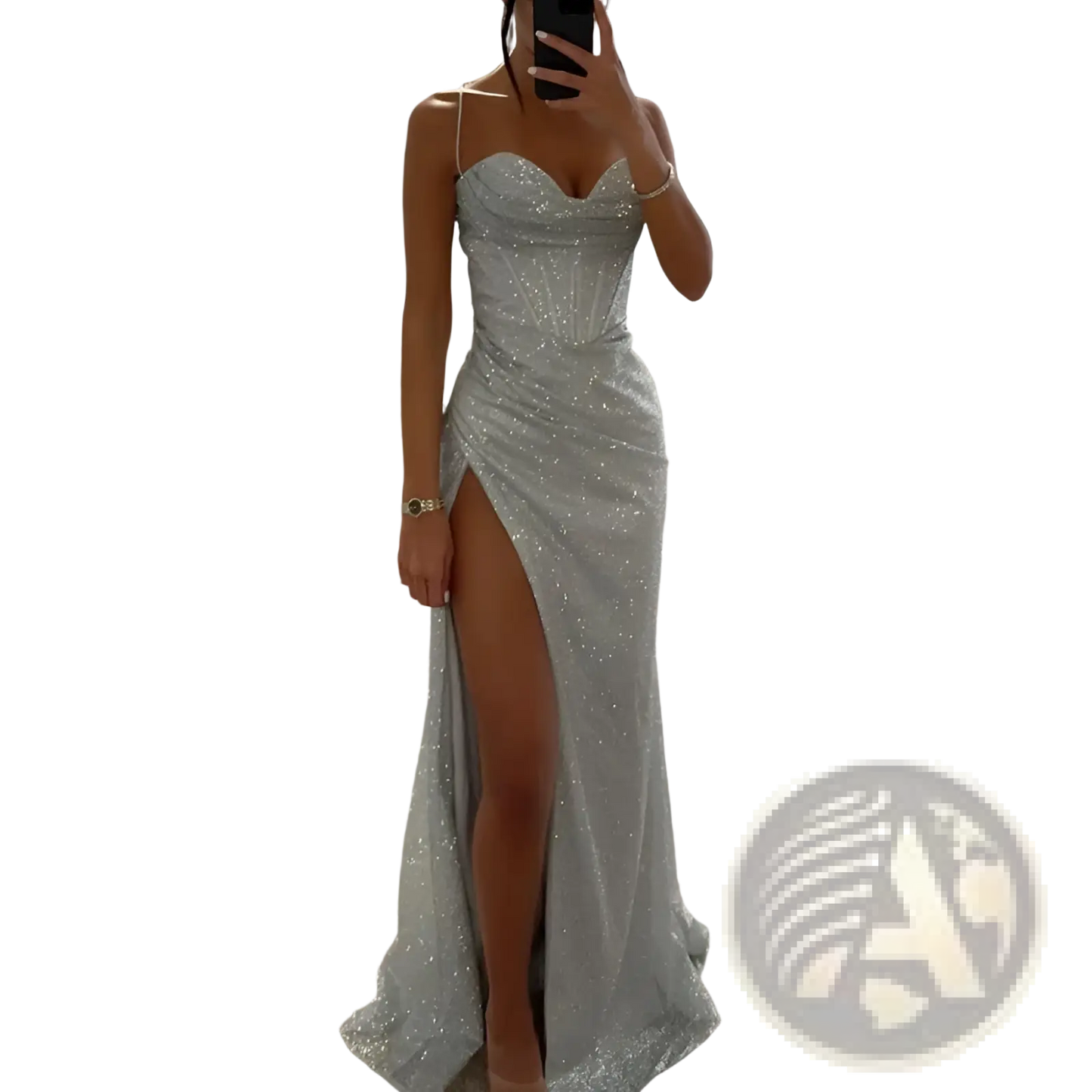 Sequined v Neck High Slit Evening Gown