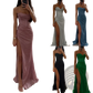 Sequined v Neck High Slit Evening Gown