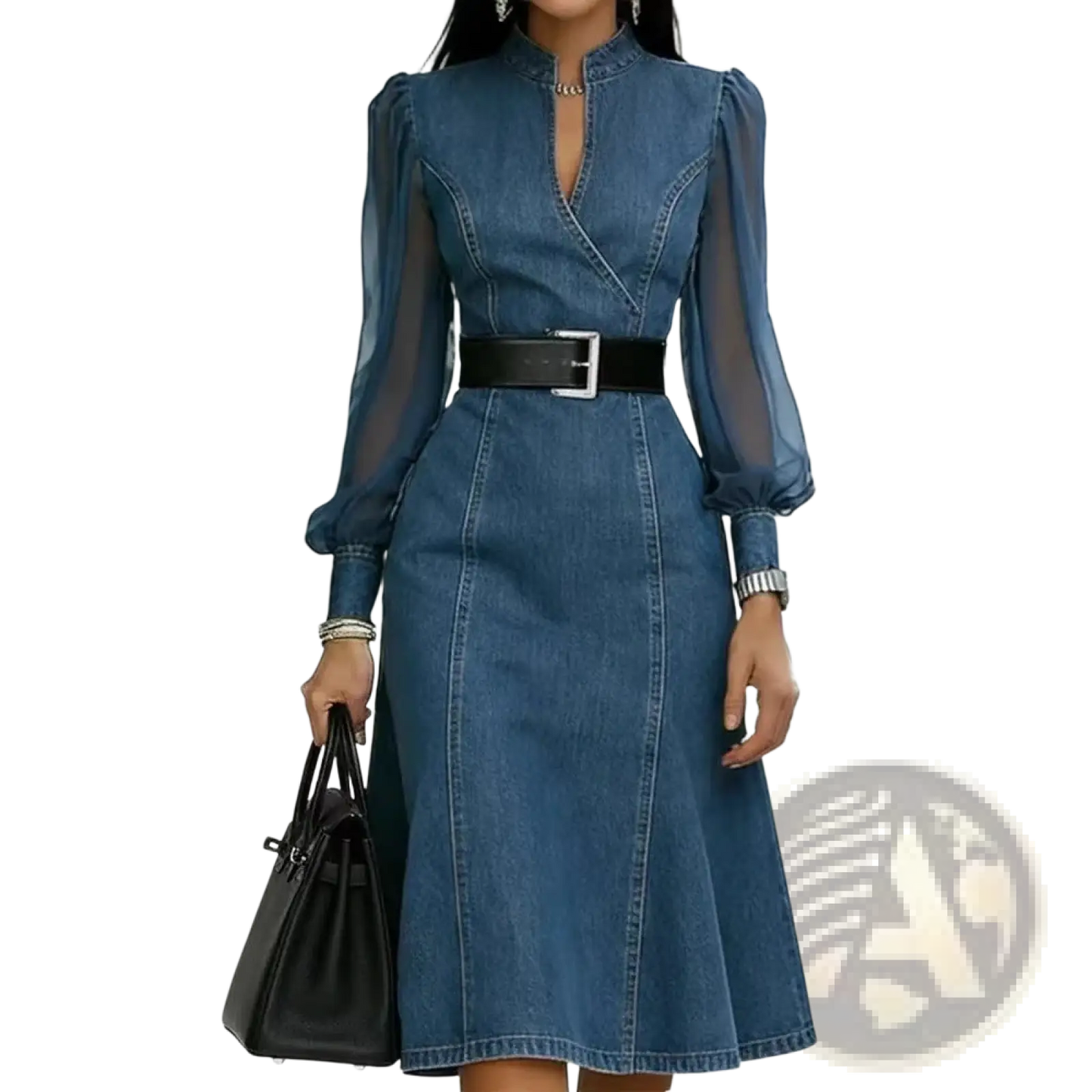 Sheer Sleeve Colorblock Denim Midi Dress with Belt
