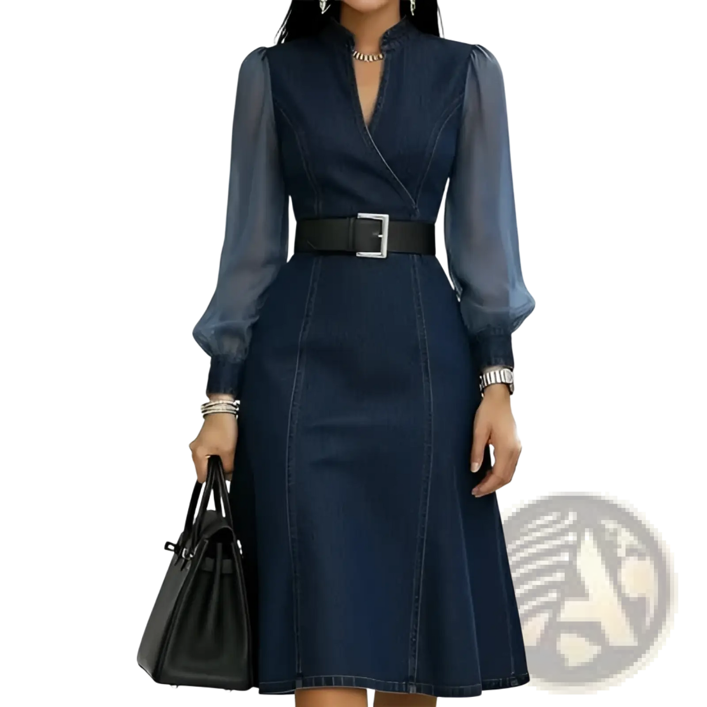 Sheer Sleeve Colorblock Denim Midi Dress with Belt
