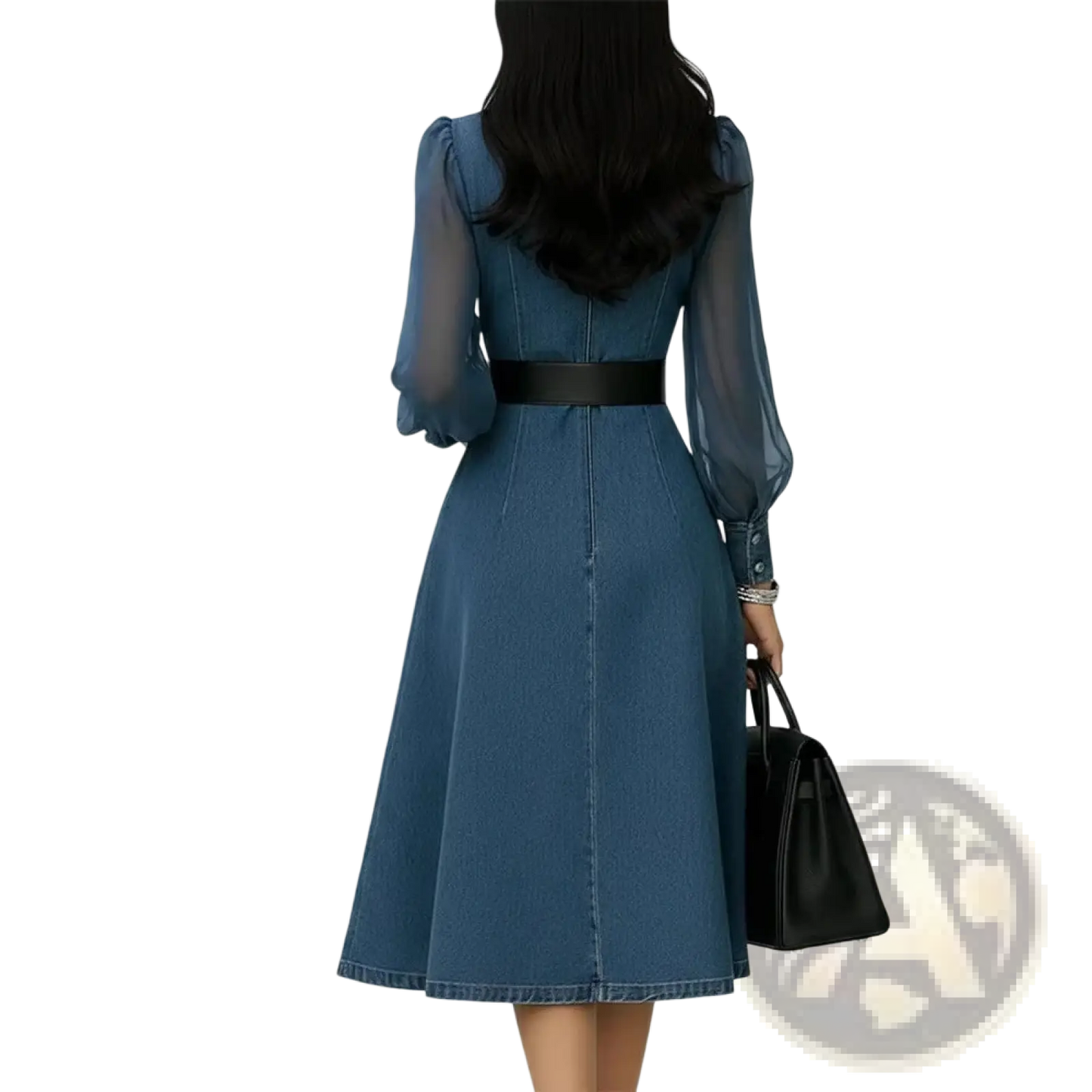 Sheer Sleeve Colorblock Denim Midi Dress with Belt