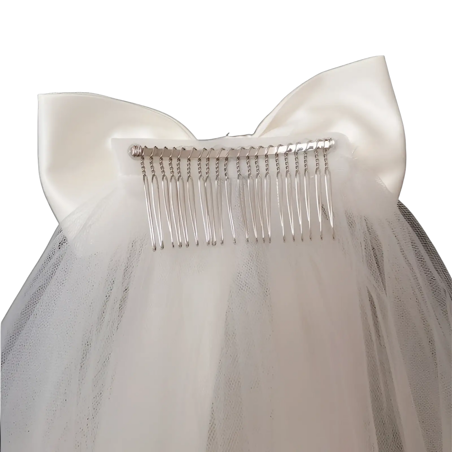 Short Bridal Veil with Satin Bow and Silver Hair Comb